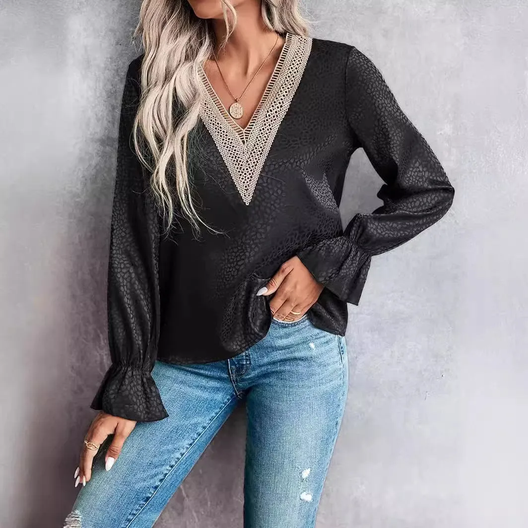Women's Lace Pullover Shirt Jacquard Long-sleeved Blouses
