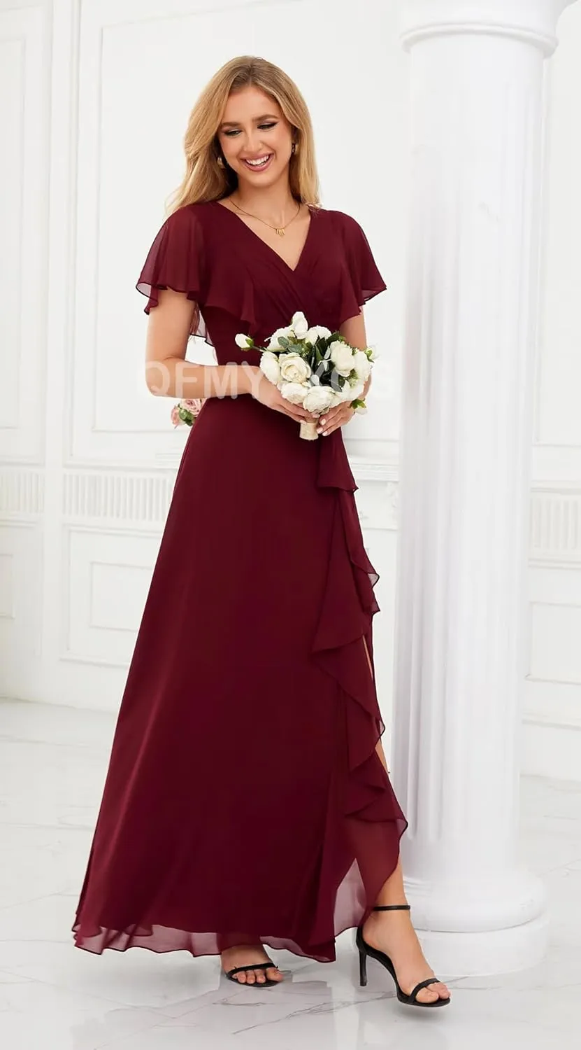 Women's Ruffle Sleeve Bridesmaid Dresses for Women Long Ruffles Split Chiffon Formal Evening Dress with Pockets