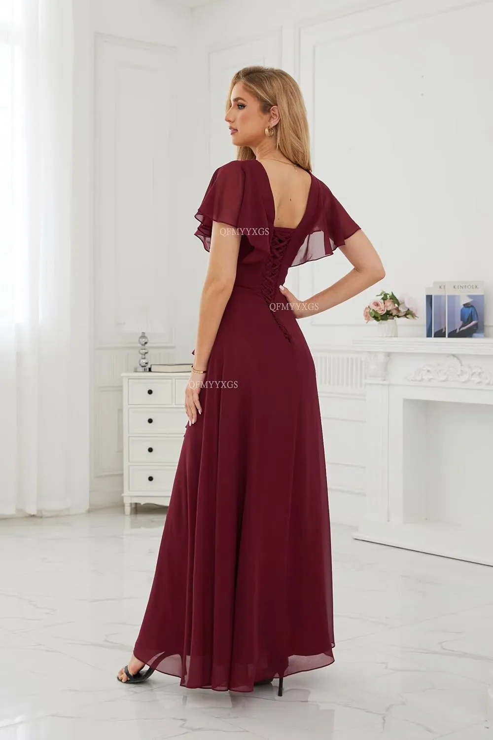 Women's Ruffle Sleeve Bridesmaid Dresses for Women Long Ruffles Split Chiffon Formal Evening Dress with Pockets