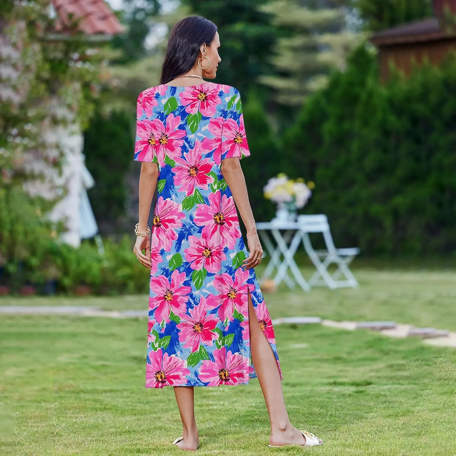 Women's Short Sleeve Boho Long Maxi Dresses Causal Vacation Floral Swing Dress Side Slits Beach Sundress with Pockets