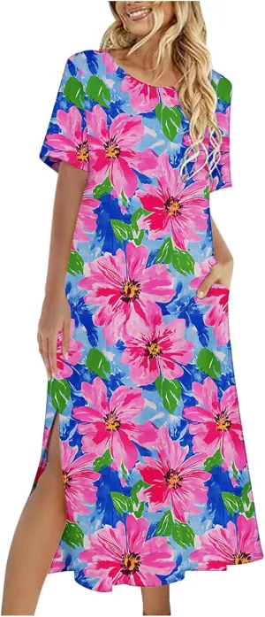 Women's Short Sleeve Boho Long Maxi Dresses Causal Vacation Floral Swing Dress Side Slits Beach Sundress with Pockets