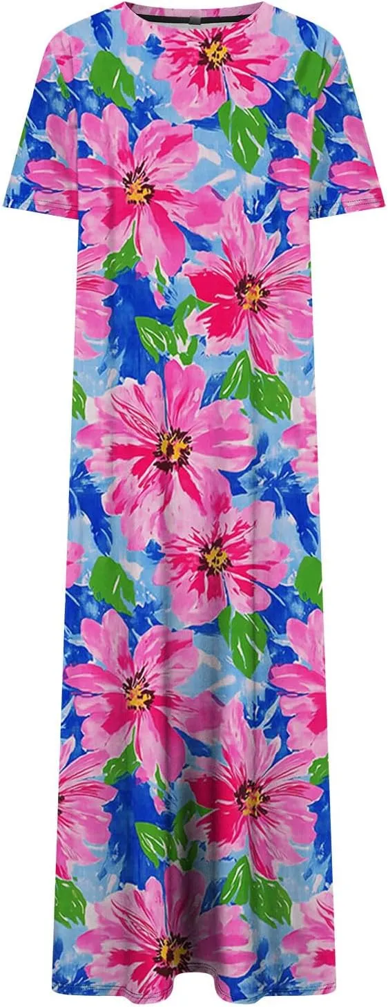 Women's Short Sleeve Boho Long Maxi Dresses Causal Vacation Floral Swing Dress Side Slits Beach Sundress with Pockets