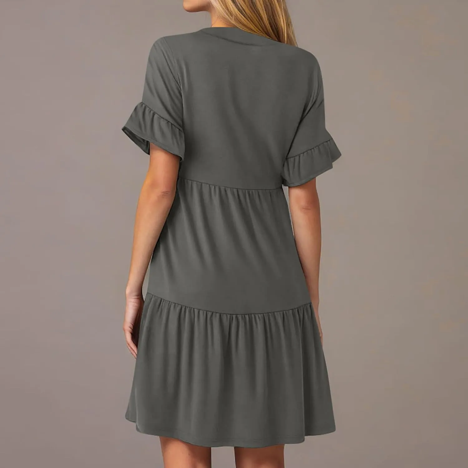 Womens Summer 2025 Trendy Ruffle Short Sleeve V Neck A Line Tiered Flowy Loose Casual Mini Beach Shirt Dress with Pockets