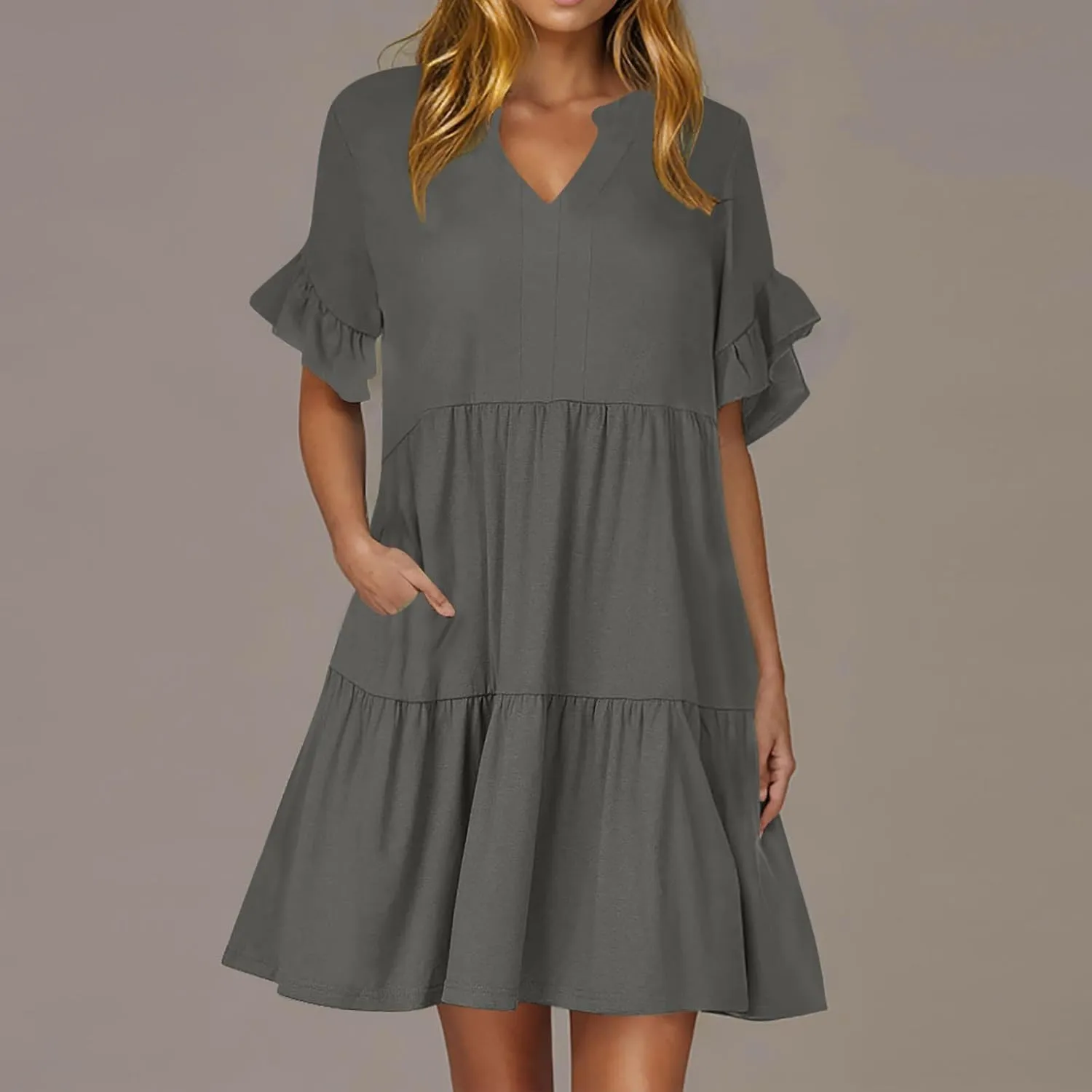 Womens Summer 2025 Trendy Ruffle Short Sleeve V Neck A Line Tiered Flowy Loose Casual Mini Beach Shirt Dress with Pockets