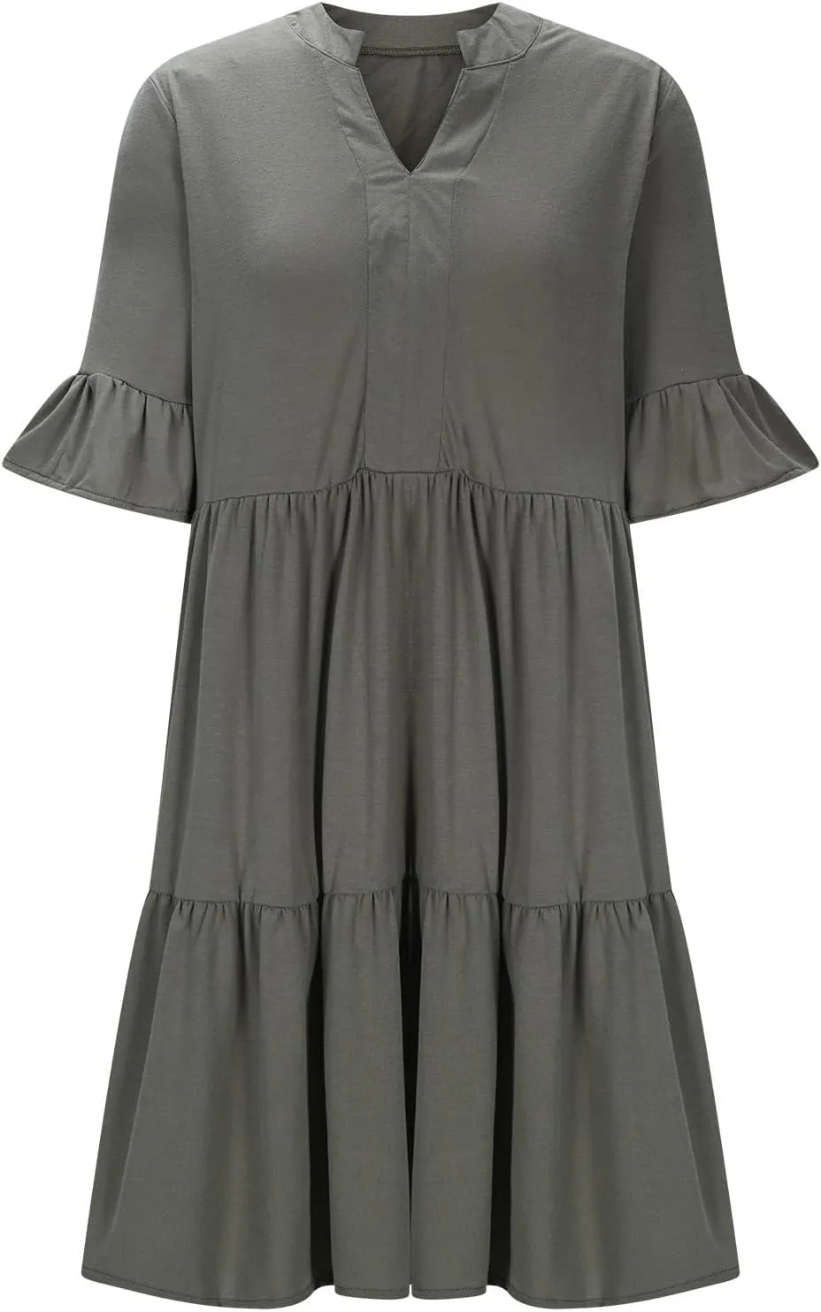 Womens Summer 2025 Trendy Ruffle Short Sleeve V Neck A Line Tiered Flowy Loose Casual Mini Beach Shirt Dress with Pockets