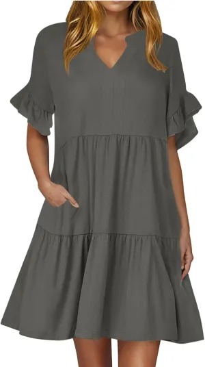 Womens Summer 2025 Trendy Ruffle Short Sleeve V Neck A Line Tiered Flowy Loose Casual Mini Beach Shirt Dress with Pockets