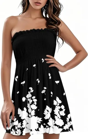 Women's Summer Dresses 2025 Sexy Beach Cover Ups Strapless Boho Floral Print Sundress Tube Top Dress