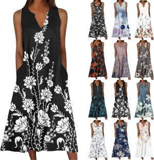 Womens Summer Dresses V Neck Sleeveless Sundresses Loose Beach Vacation Casual Boho Tank Dress with Pockets