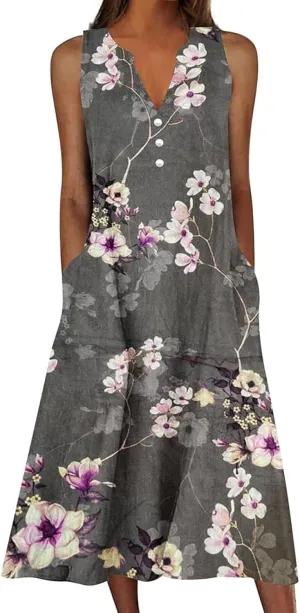 Womens Summer Dresses V Neck Sleeveless Sundresses Loose Beach Vacation Casual Boho Tank Dress with Pockets