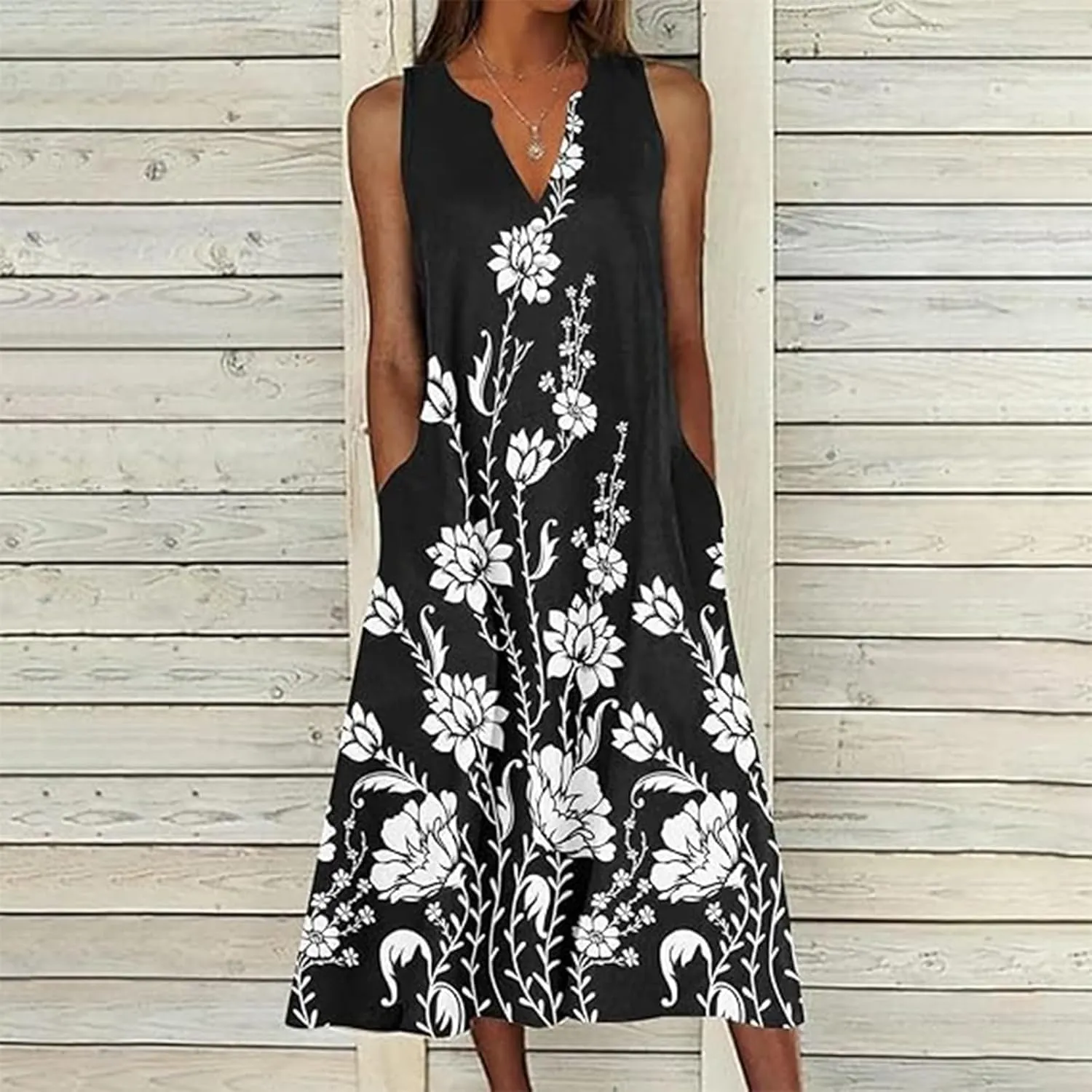 Womens Summer Dresses V Neck Sleeveless Sundresses Loose Beach Vacation Casual Boho Tank Dress with Pockets