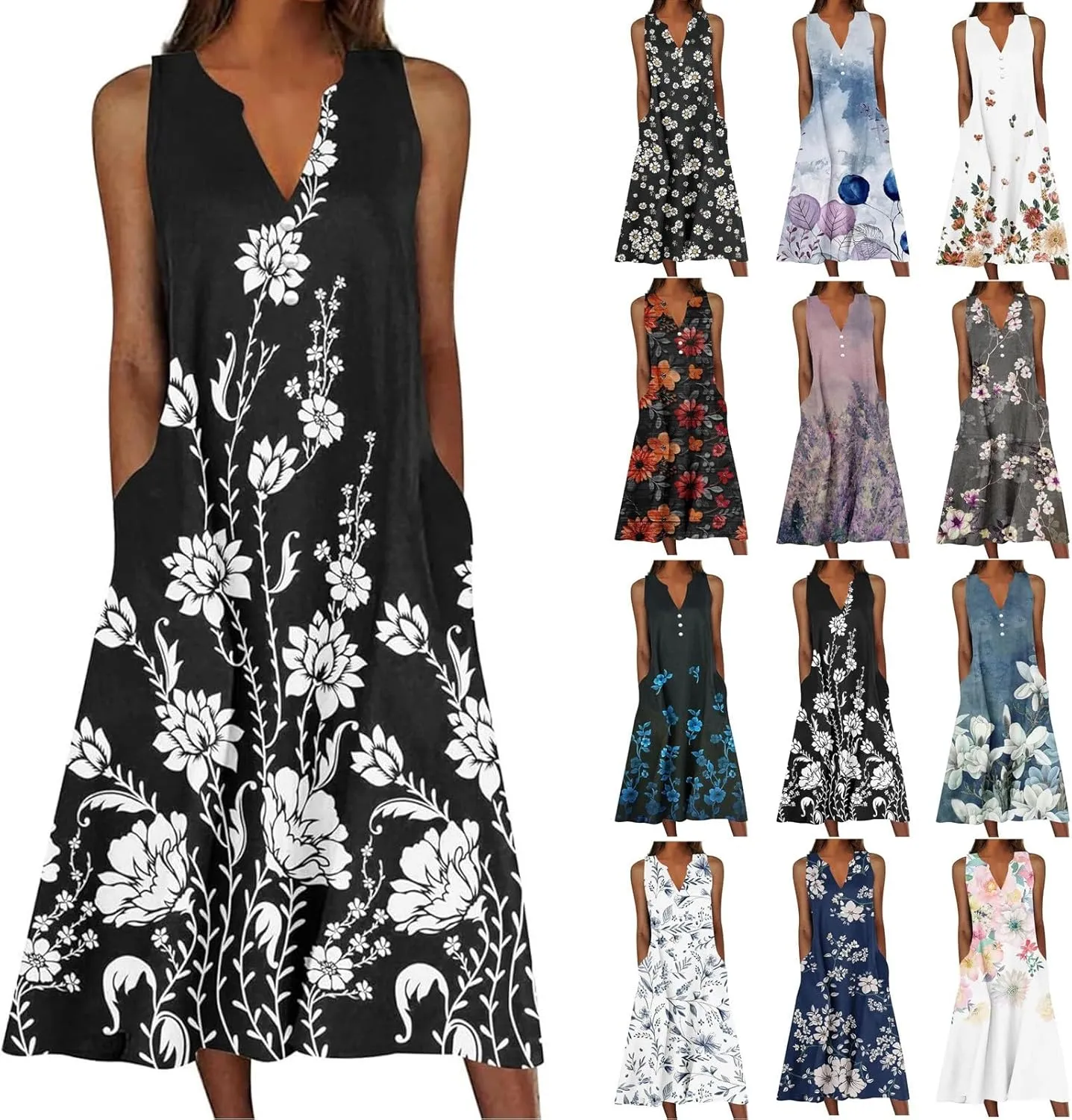 Womens Summer Dresses V Neck Sleeveless Sundresses Loose Beach Vacation Casual Boho Tank Dress with Pockets