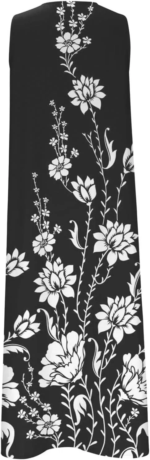 Womens Summer Dresses V Neck Sleeveless Sundresses Loose Beach Vacation Casual Boho Tank Dress with Pockets