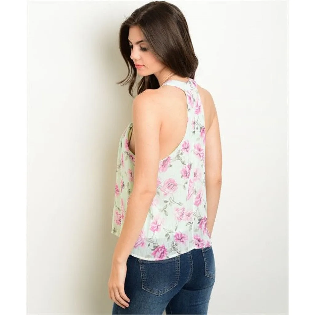 Women's Top Sleeveless Mint Purple Floral Tank Top