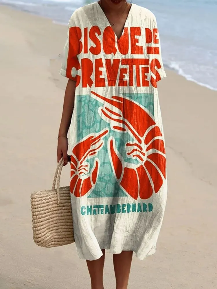 Women's Vintage Bisque De Crevettes Lobster Art Print Flowy Dress