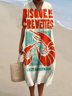 Women's Vintage Bisque De Crevettes Lobster Art Print Flowy Dress