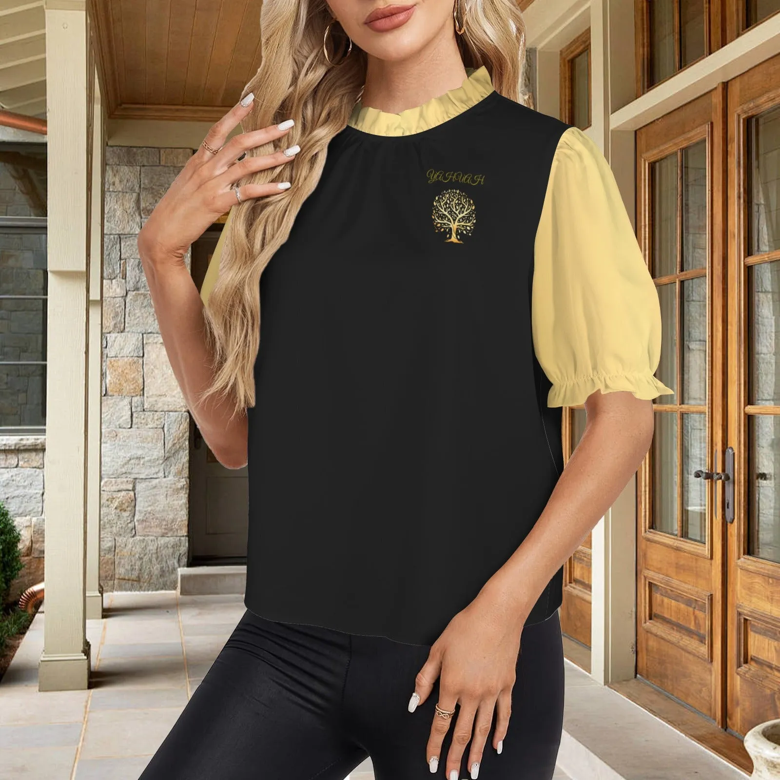Yahuah-Tree of Life 01 Elect Designer Mock Neck Ruffle Frill Trim Short Sleeve Blouse