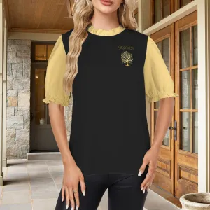 Yahuah-Tree of Life 01 Elect Designer Mock Neck Ruffle Frill Trim Short Sleeve Blouse